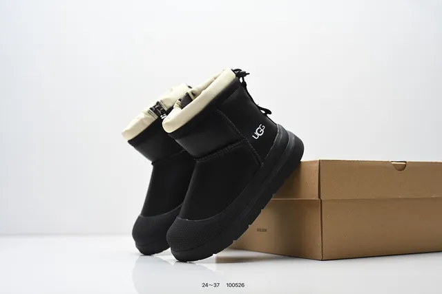 UGG Tasman حذاء ثلج أسود بيج قصير الشافط إغلاق بسحب الشريط 6