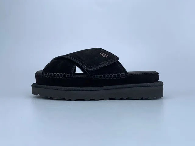 UGG Tasman 黑色麂皮交叉带平台拖鞋 2