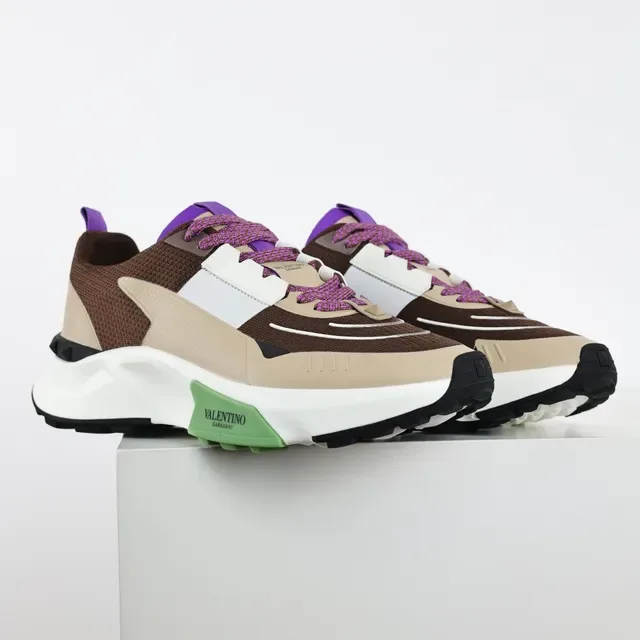 Valentino Marron Beige Multi-Panel Maille Et Synthétique Tige Sculpté Stratifié Médiollet Sneakers 3