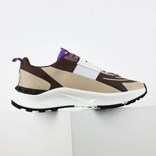 Valentino Marron Beige Multi-Panel Maille Et Synthétique Tige Sculpté Stratifié Médiollet Sneakers 7