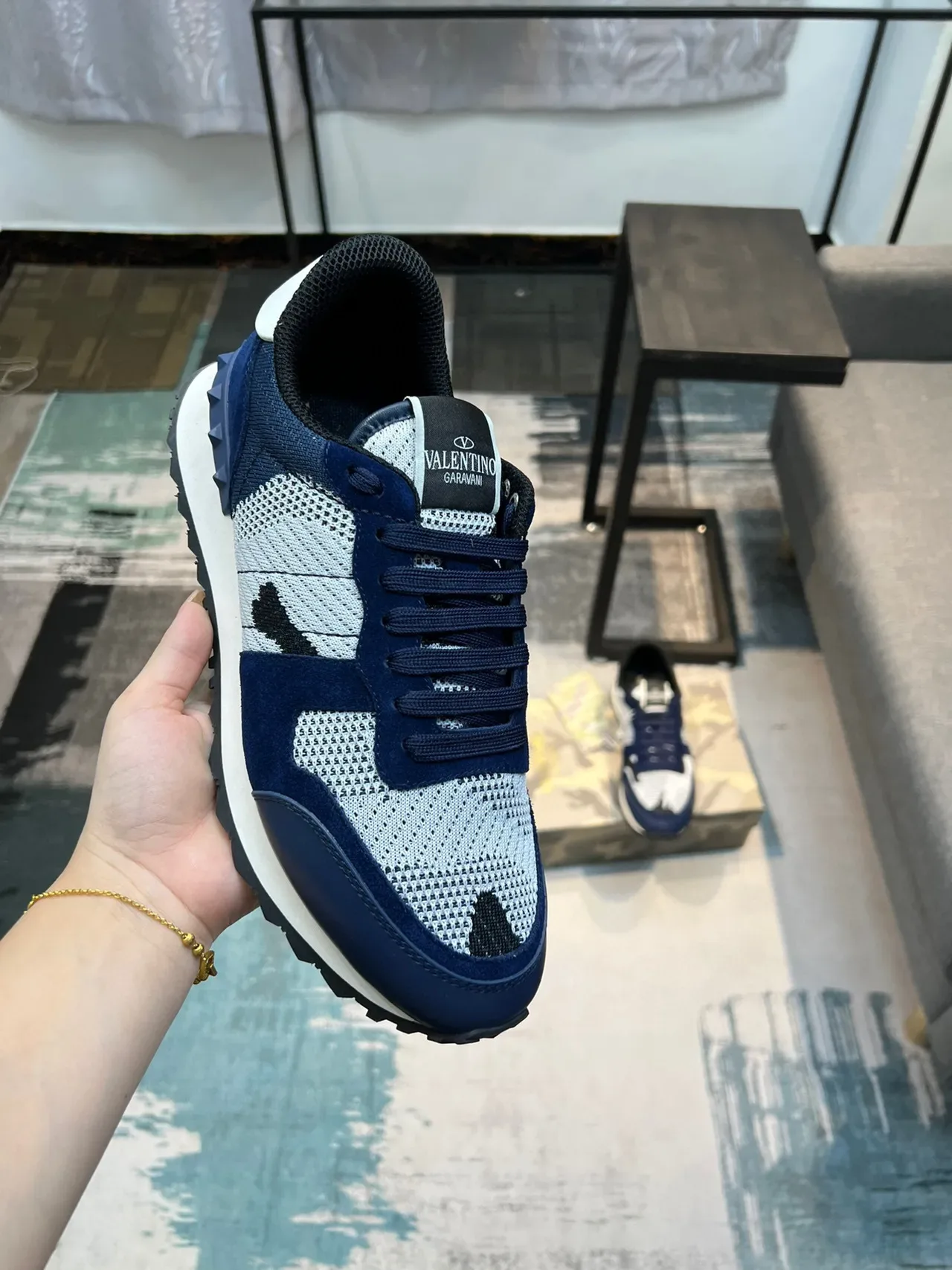 Valentino Navy White Mixed-Material Upper Mesh And Suede Panels Lifestyle Sneakers 6