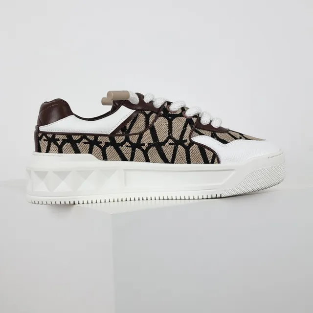 Valentino Open White Brown Monogram Jacquard Upper Geometric Midsole Lifestyle Sneakers 7