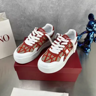 Valentino Vermelho Bege Impressão Geométrica Têxtil Parte Superior Sola Plataforma Branca Grossa Tênis Lifestyle