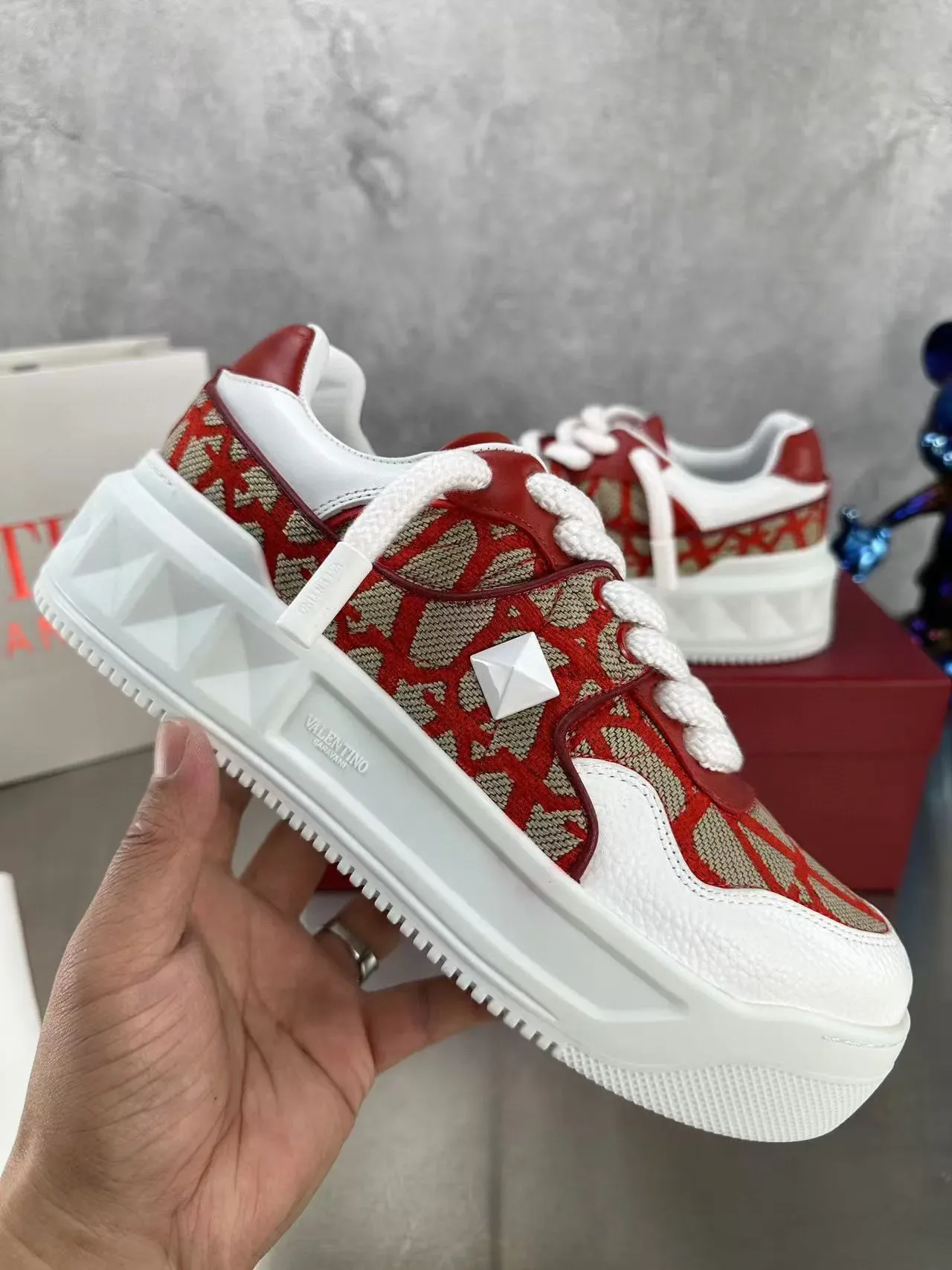 Valentino Red Beige Geometric-Print Textile Upper Thick White Platform Sole Lifestyle Sneakers 2