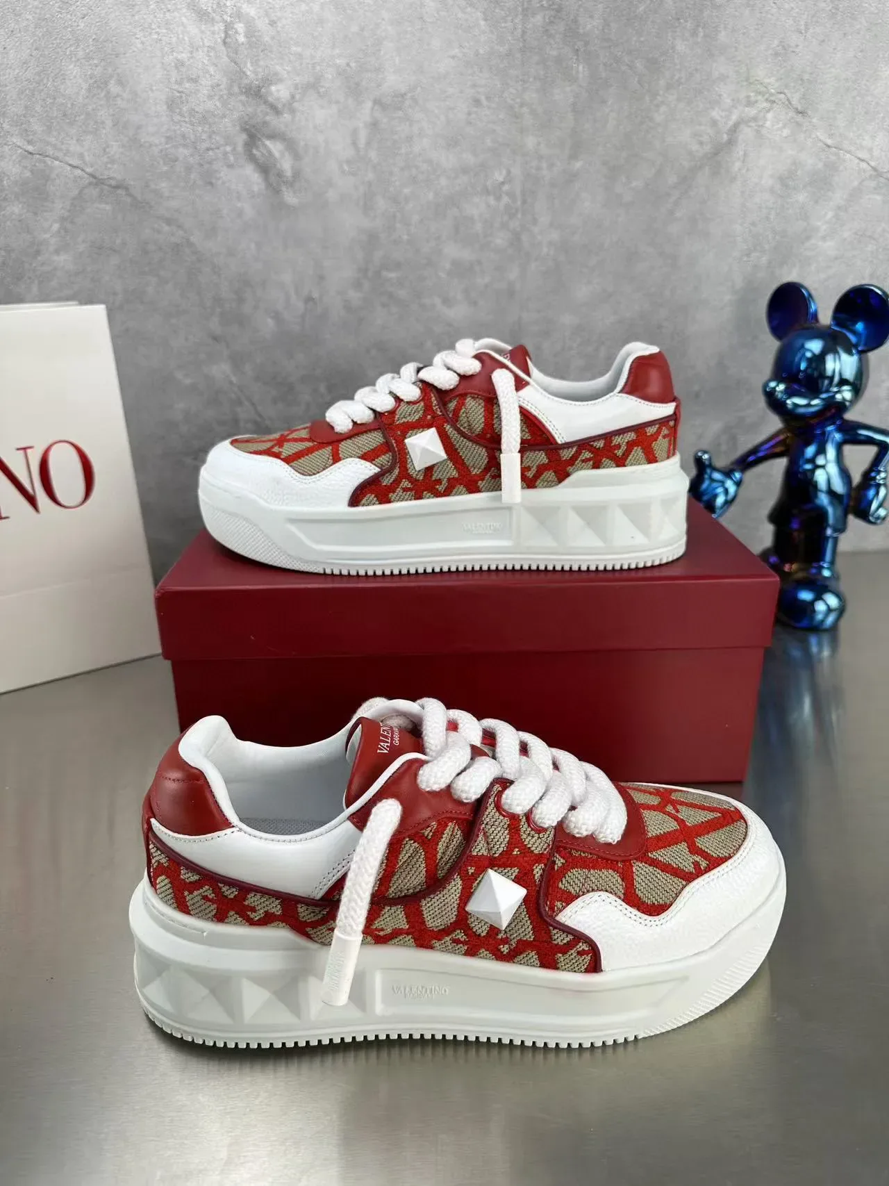 Valentino Red Beige Geometric-Print Textile Upper Thick White Platform Sole Lifestyle Sneakers 3