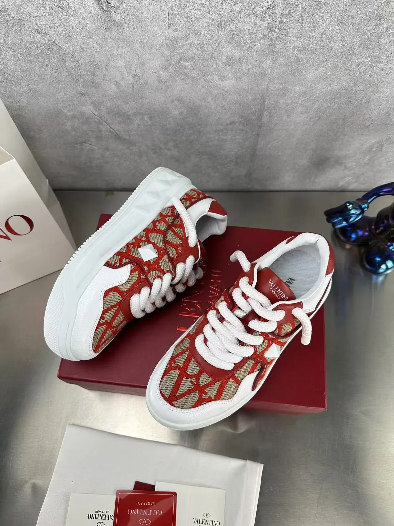 Valentino Red Beige Geometric-Print Textile Upper Thick White Platform Sole Lifestyle Sneakers 4