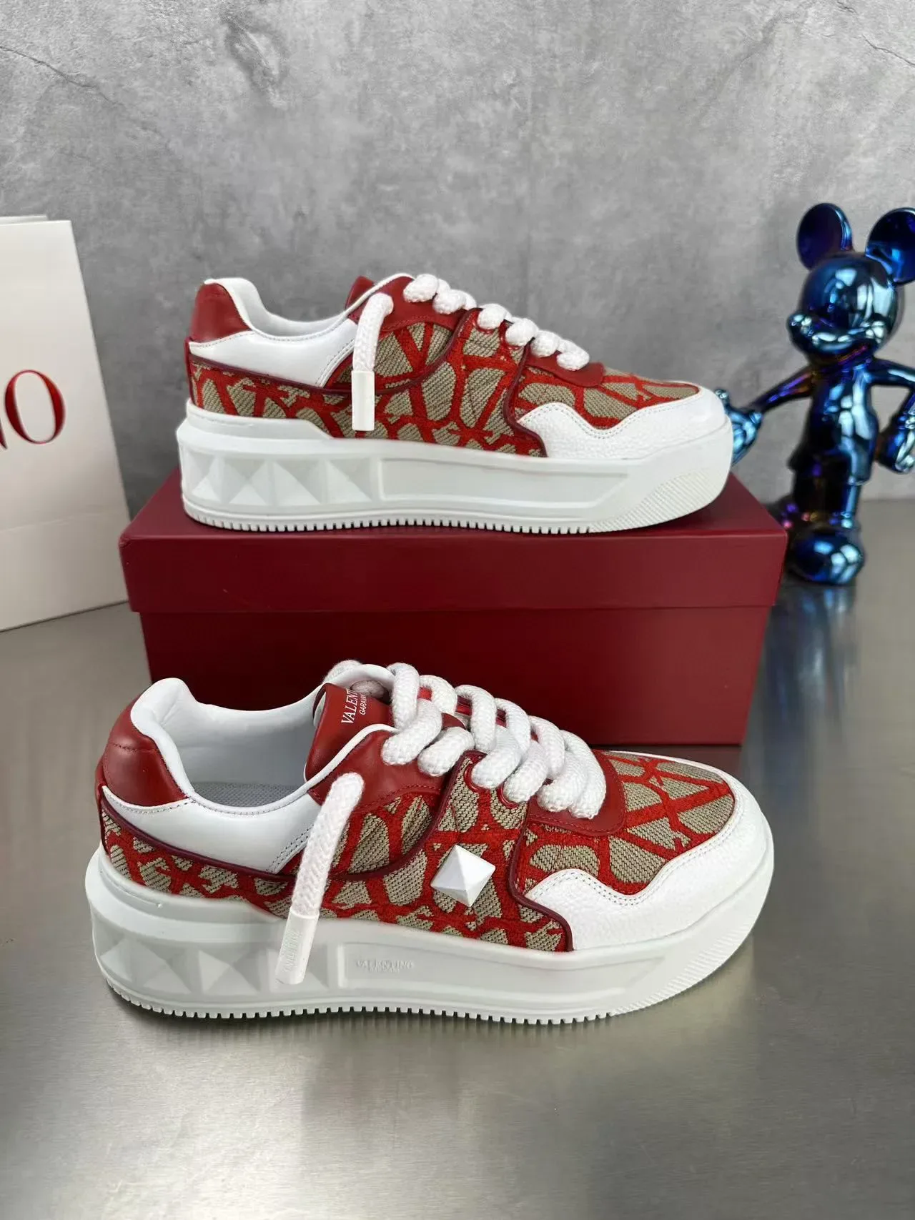 Valentino Red Beige Geometric-Print Textile Upper Thick White Platform Sole Lifestyle Sneakers 5