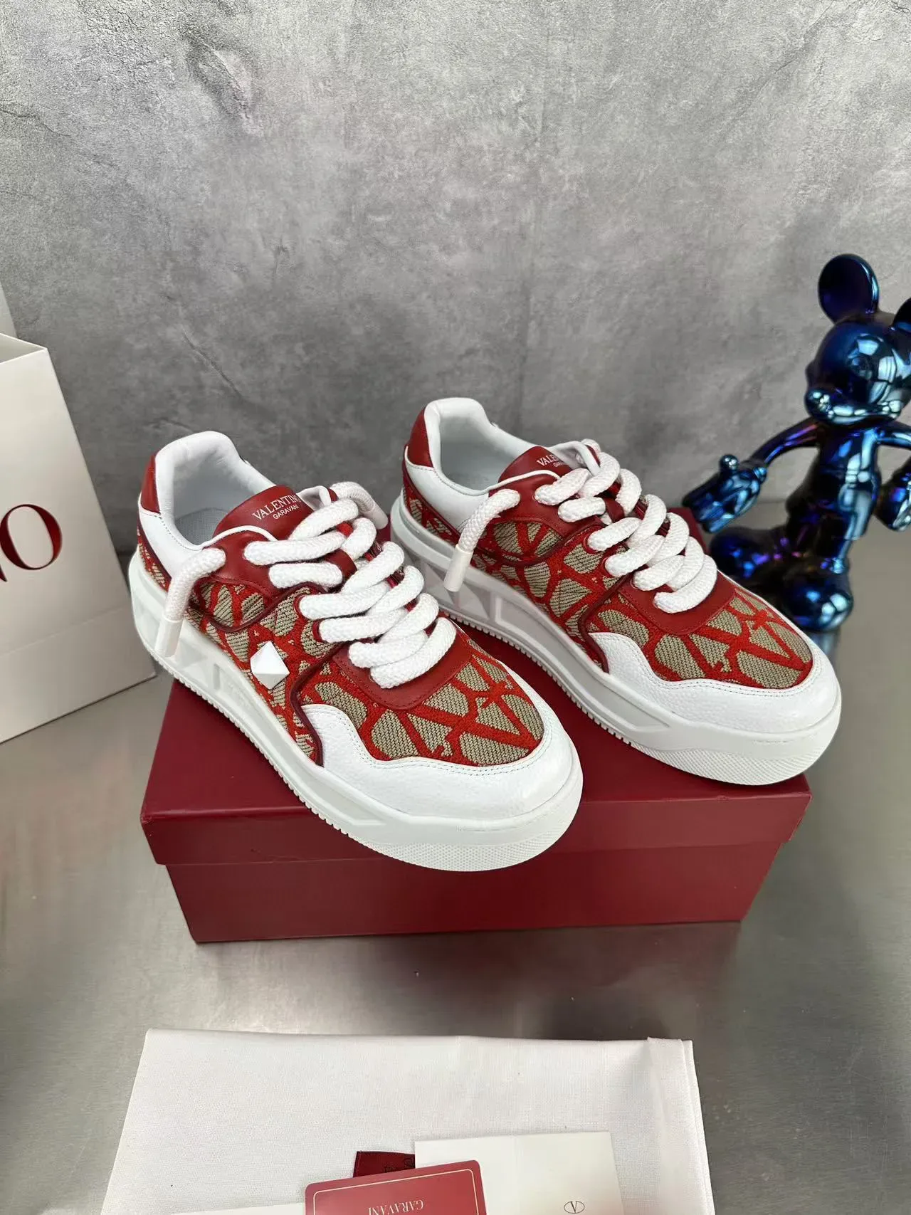 Valentino Red Beige Geometric-Print Textile Upper Thick White Platform Sole Lifestyle Sneakers 6