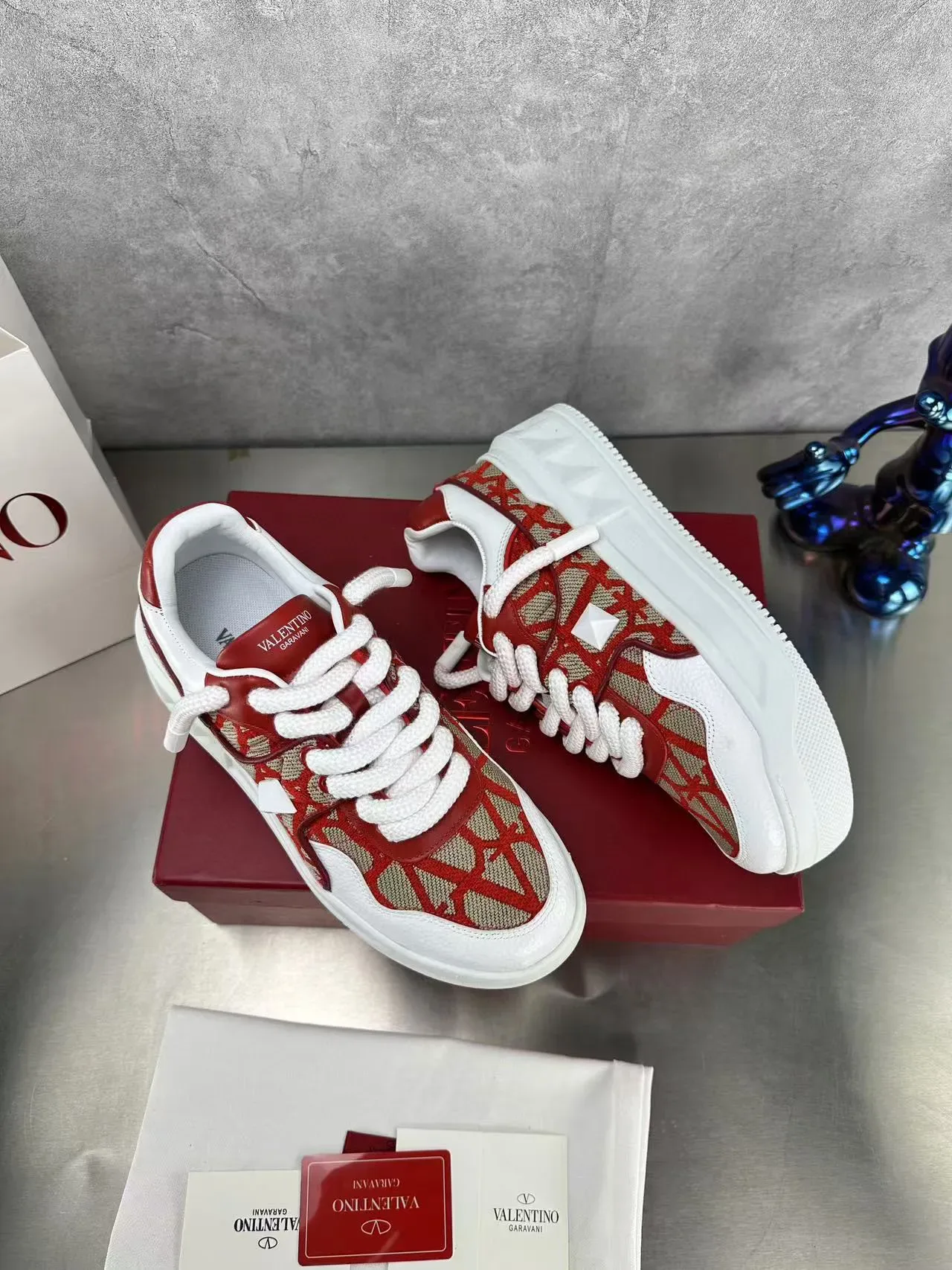 Valentino Red Beige Geometric-Print Textile Upper Thick White Platform Sole Lifestyle Sneakers 7