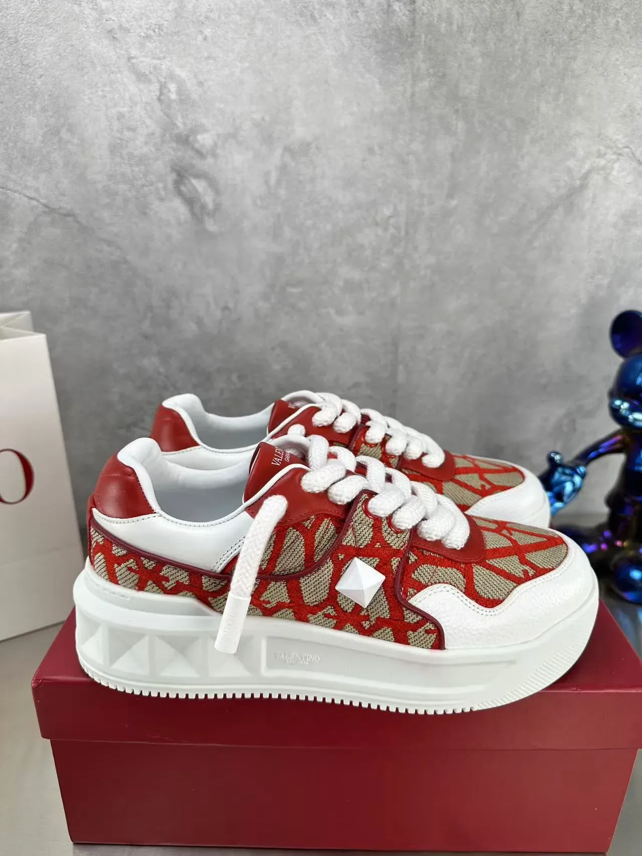 Valentino Red Beige Geometric-Print Textile Upper Thick White Platform Sole Lifestyle Sneakers 8