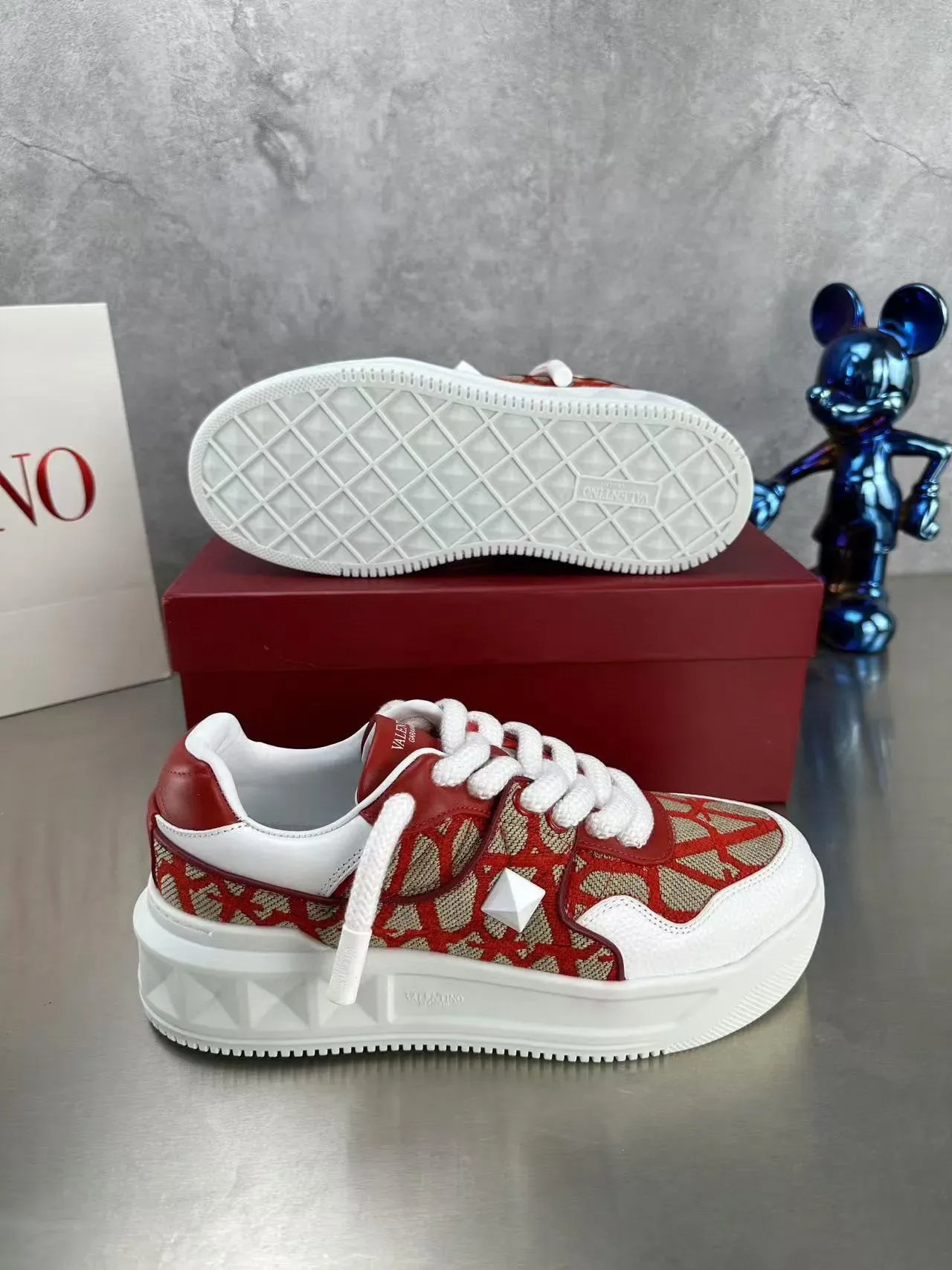 Valentino Red Beige Geometric-Print Textile Upper Thick White Platform Sole Lifestyle Sneakers 9