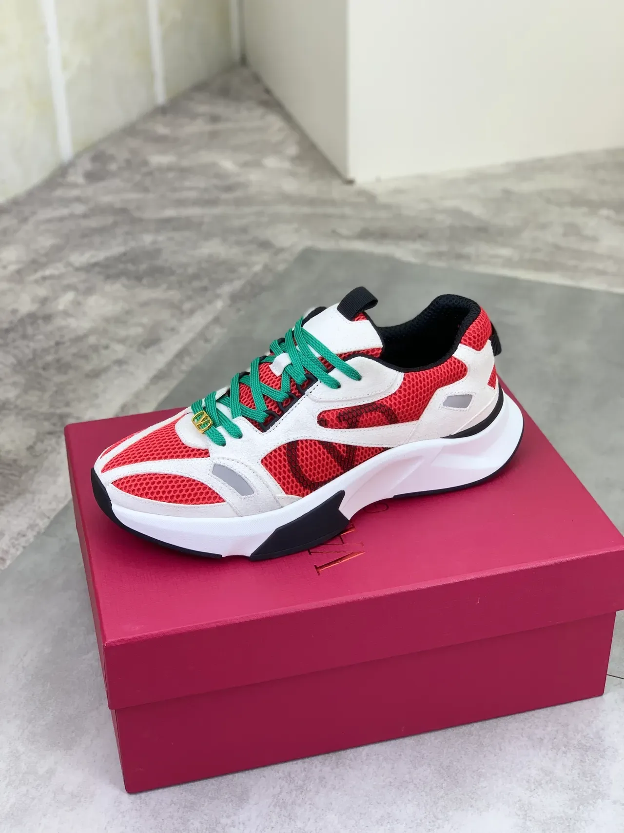 Valentino Red Green Sole Mesh And Suede Overlay Chunky Sneakers 5