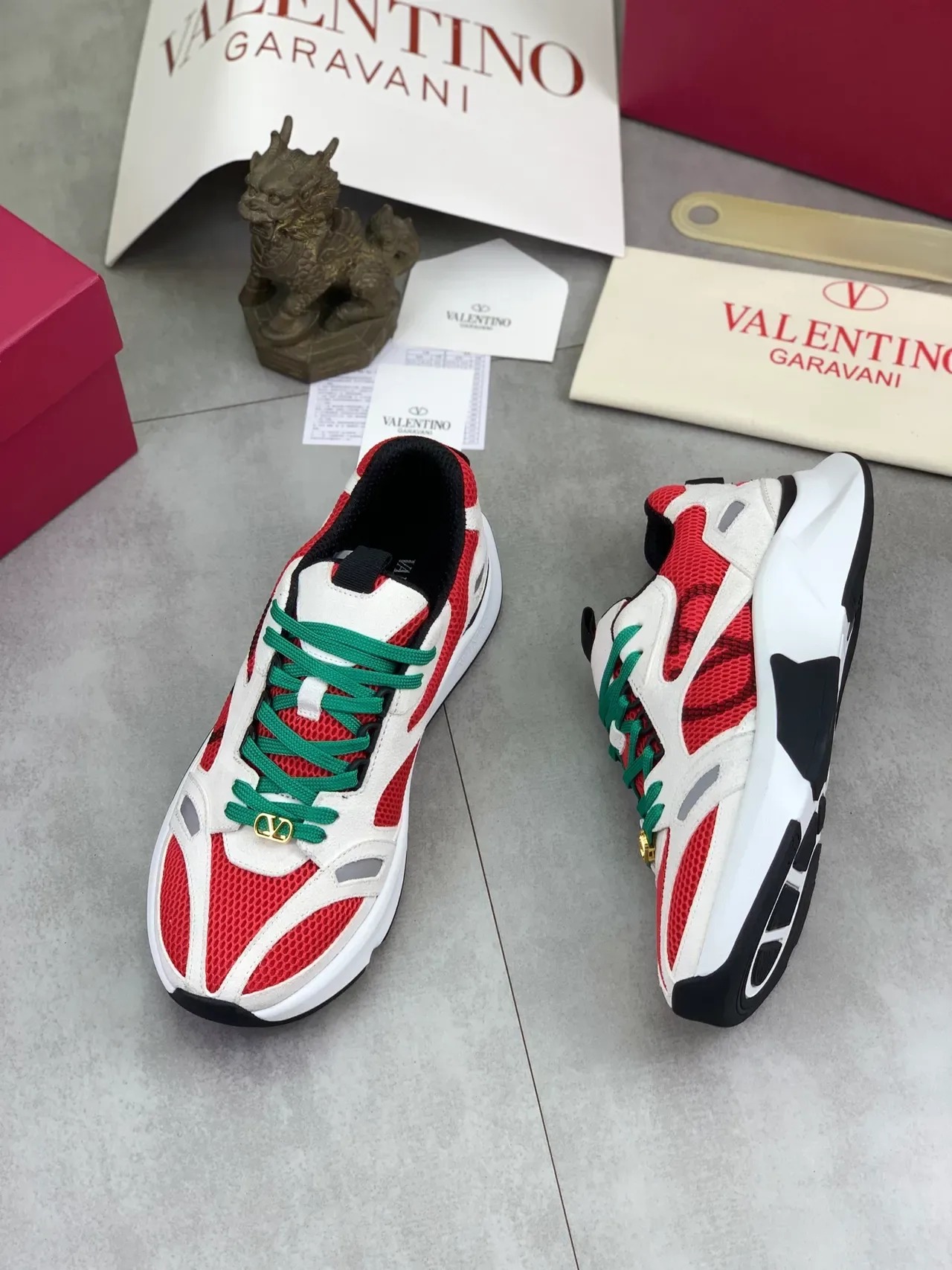 Valentino Red Green Sole Mesh And Suede Overlay Chunky Sneakers 6