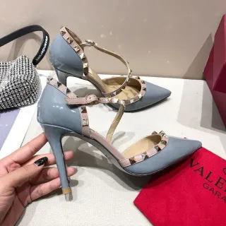 Valentino Rockstud Gray and Nude Studded T-Strap Stilettos