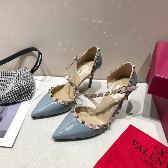 Valentino Rockstud Gray and Nude Studded T-Strap Stilettos 6