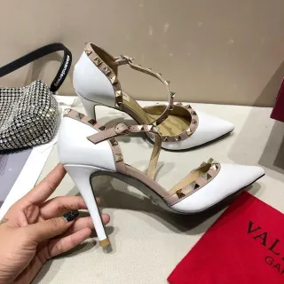Valentino Rockstud White Pyramid Stud T-Strap Stilettos