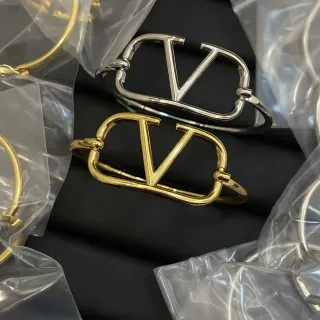 Valentino VLogo Gold Silver Open-Frame Bangle Hinged Closure Bracelet