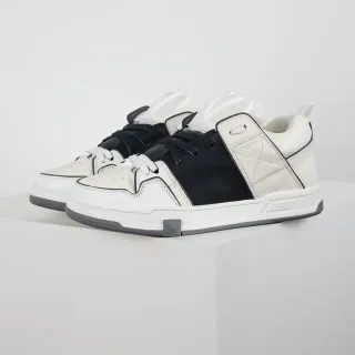 Valentino White Black Structured Leather-and-Mesh Upper Quilted Side Strap Sneakers