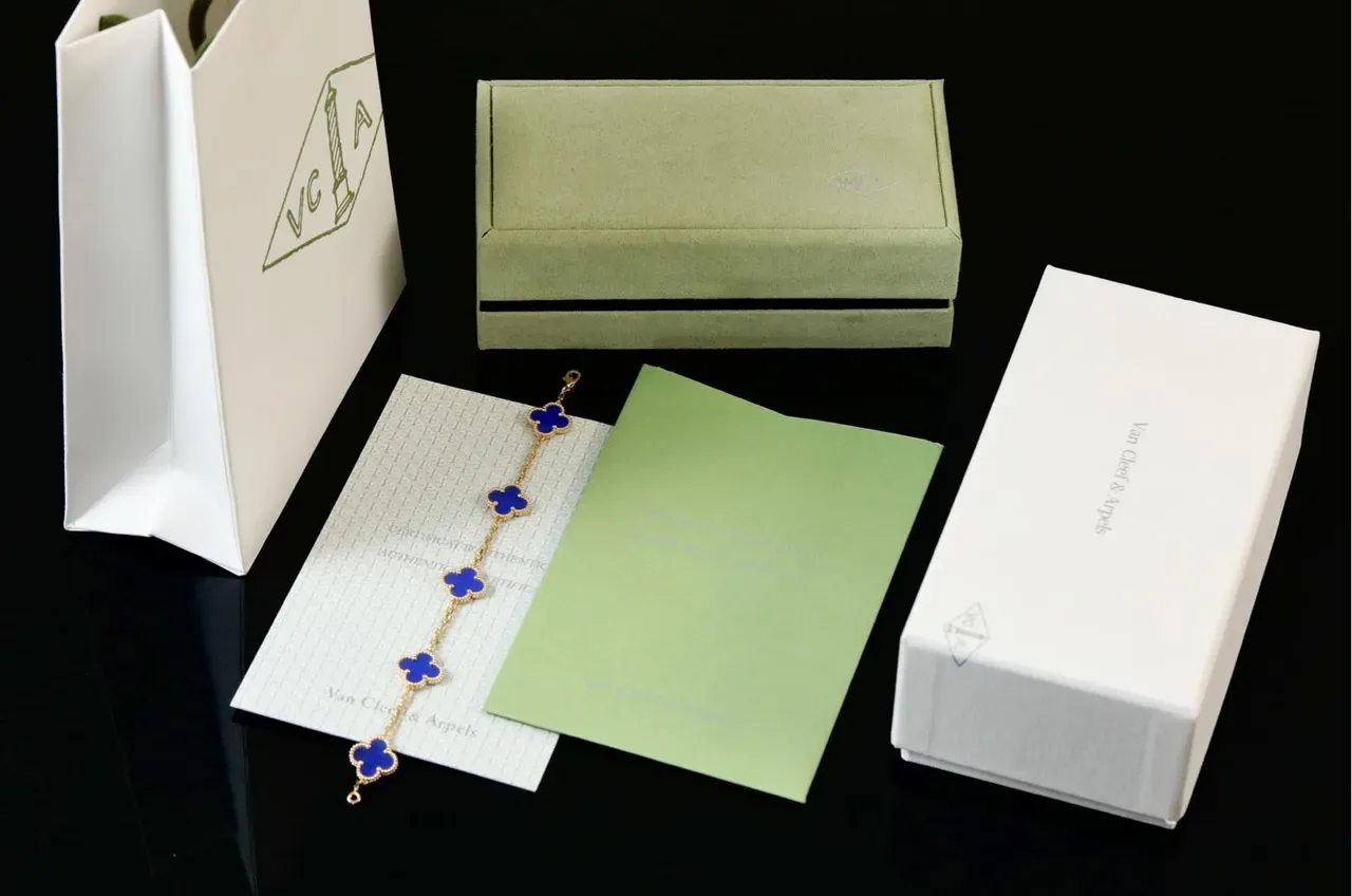 Van Cleef & Arpels Alhambra Five Motif Blue Enamel Gold Bracelet 8