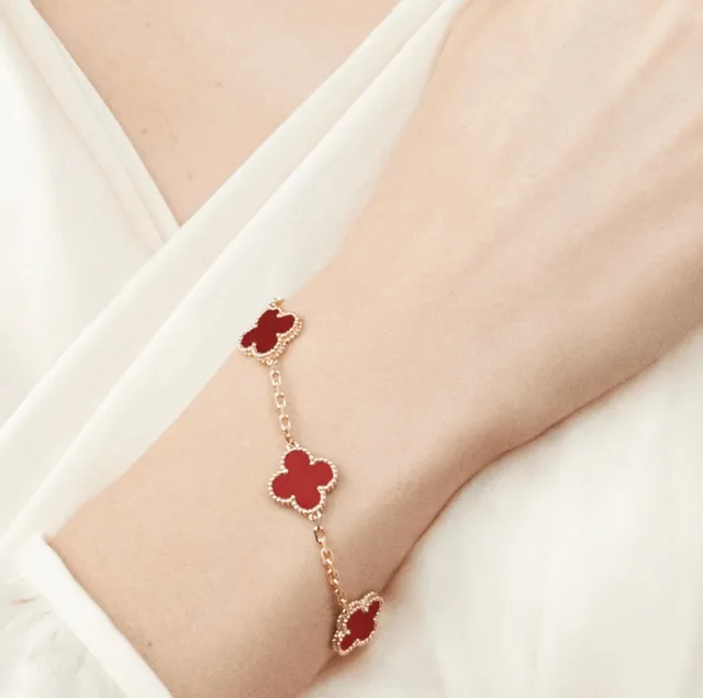 Van Cleef & Arpels Alhambra Red Enamel Three Motif Gold Bracelet 3