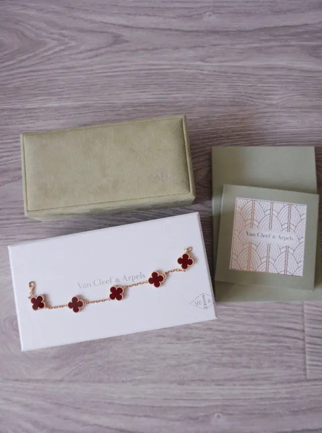 Van Cleef & Arpels Alhambra Red Enamel Three Motif Gold Bracelet 5