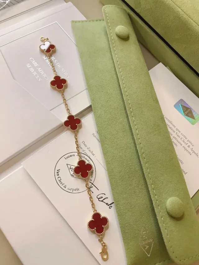 Van Cleef & Arpels Alhambra Red Enamel Three Motif Gold Bracelet 6