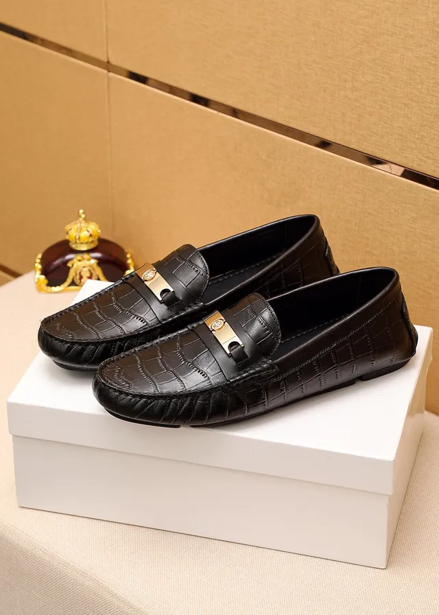 Versace Black Gold Crocodile-Embossed Leather Medusa-Bar Buckle Loafer 8