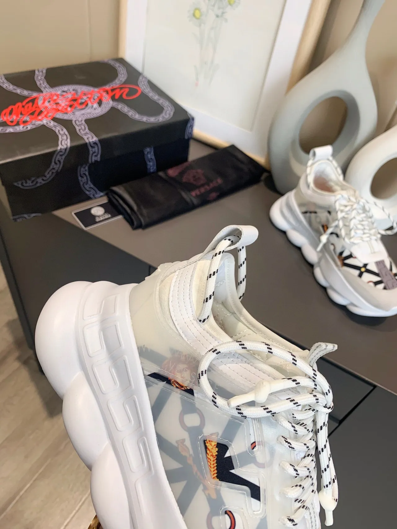 Versace Chain Reaction White Black Orange Chunky Sneakers 6