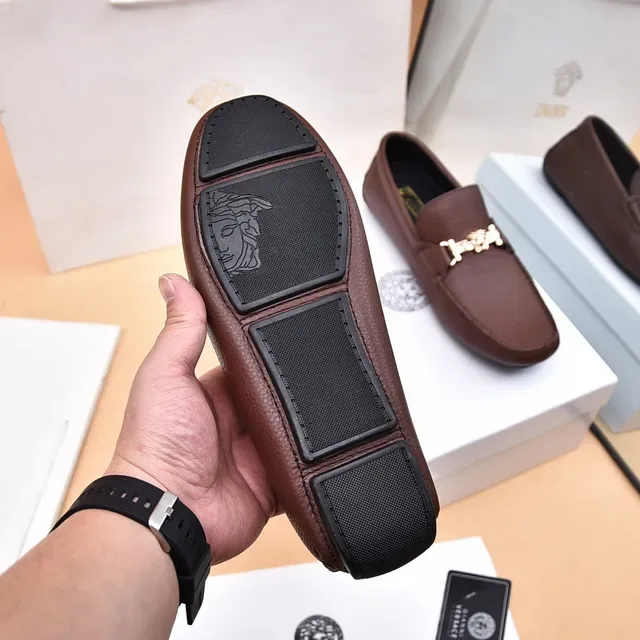 Versace Collection Brown Pebbled Leather Horsebit Loafers 5