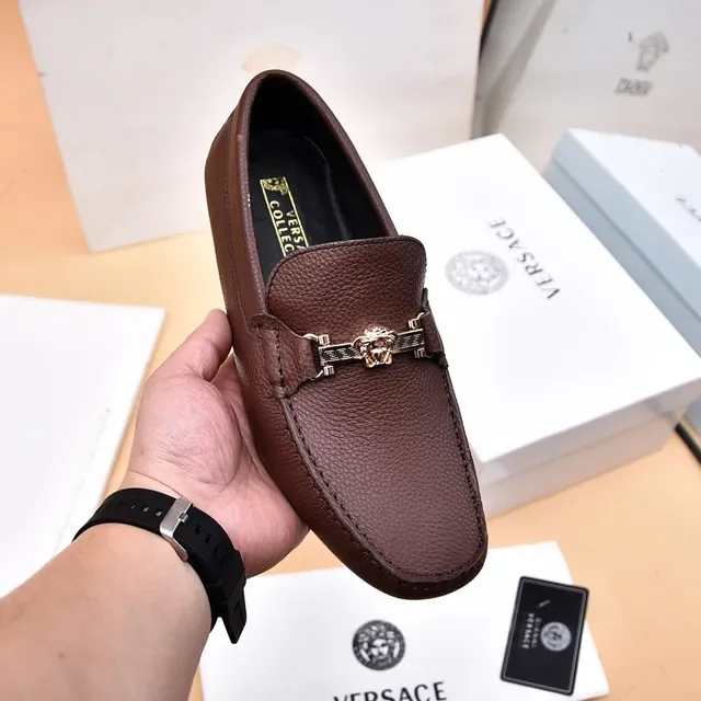 Versace Collection Brown Pebbled Leather Horsebit Loafers 6
