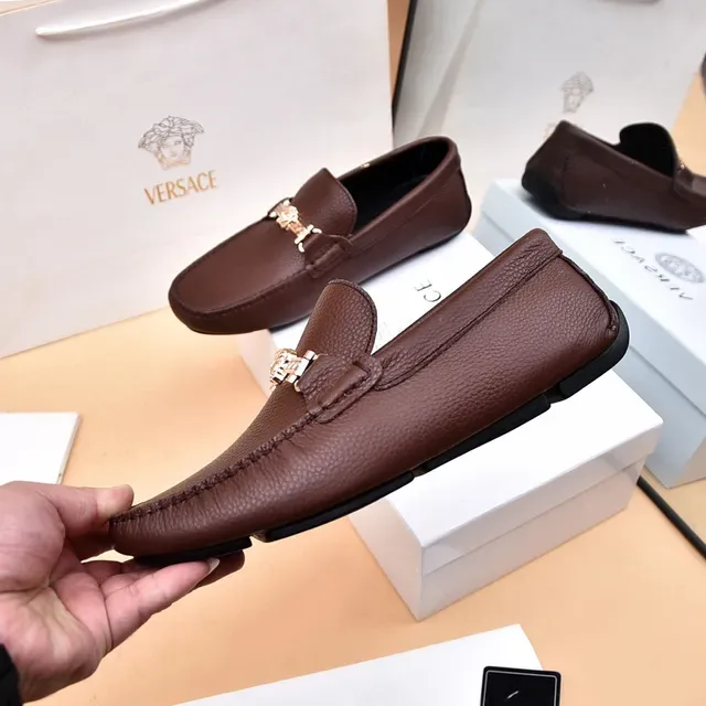 Versace Collection Brown Pebbled Leather Horsebit Loafers 7