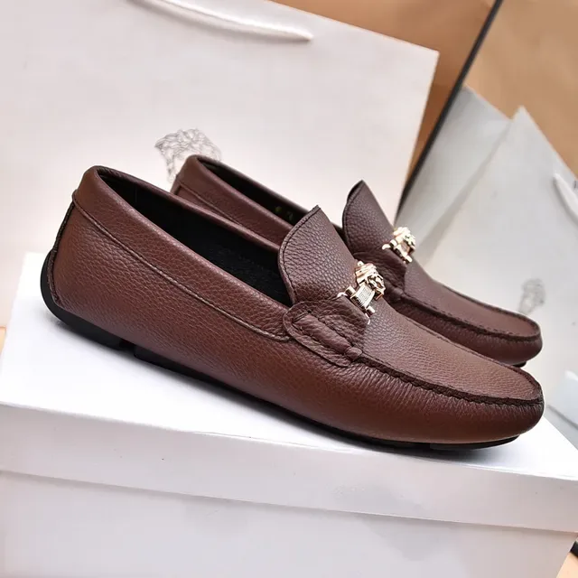 Versace Collection Brown Pebbled Leather Horsebit Loafers 8