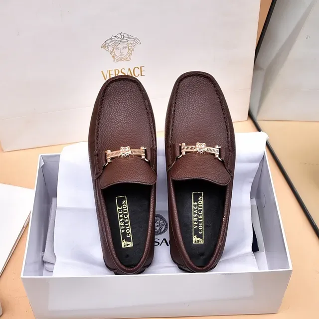 Versace Collection Brown Pebbled Leather Horsebit Loafers 9