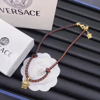 Versace মেদুসা চার্ম নেকলেস বাদামী ও নেভি ব্রেডেড লেদার কর্ড নেকলেস