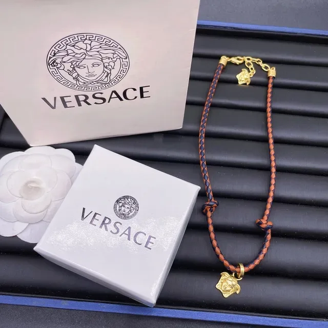 Versace Medusa Charm 棕色与海军蓝 编织皮革绳项链 2