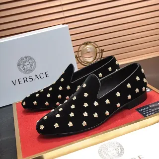 Versace Medusa Stud 黑金天鹅绒头饰乐福鞋