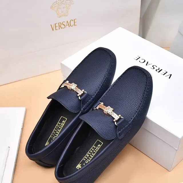 Versace Azul Marino Dorado Cuero Granulado Hebilla Horsebit Medusa Mocasín 2