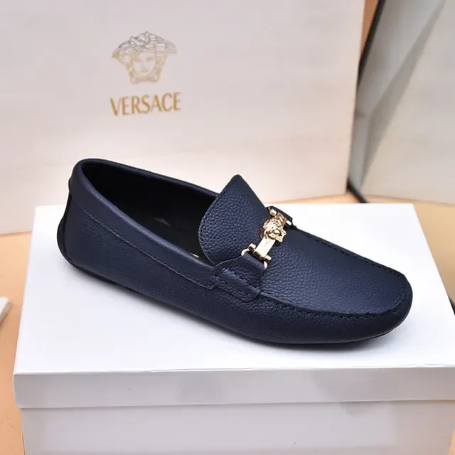 Versace Azul Marino Dorado Cuero Granulado Hebilla Horsebit Medusa Mocasín 5