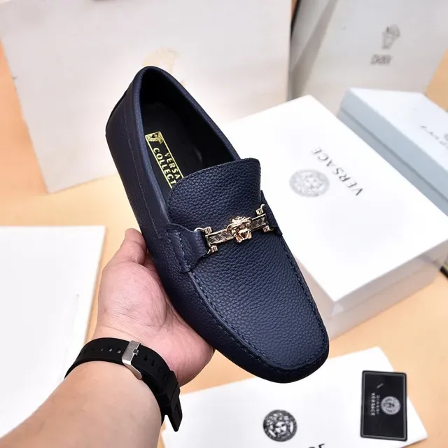 Versace Azul Marino Dorado Cuero Granulado Hebilla Horsebit Medusa Mocasín 6