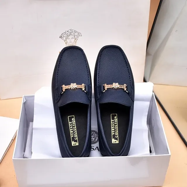 Versace Azul Marino Dorado Cuero Granulado Hebilla Horsebit Medusa Mocasín 7