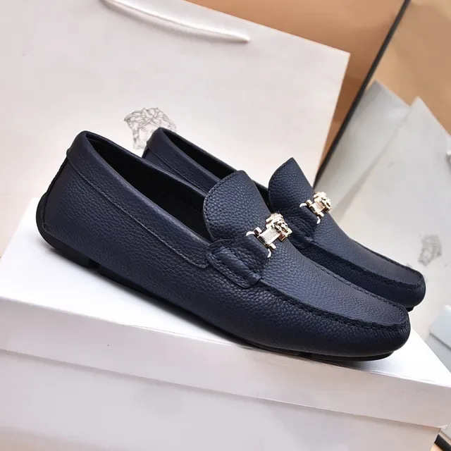 Versace Azul Marino Dorado Cuero Granulado Hebilla Horsebit Medusa Mocasín 9