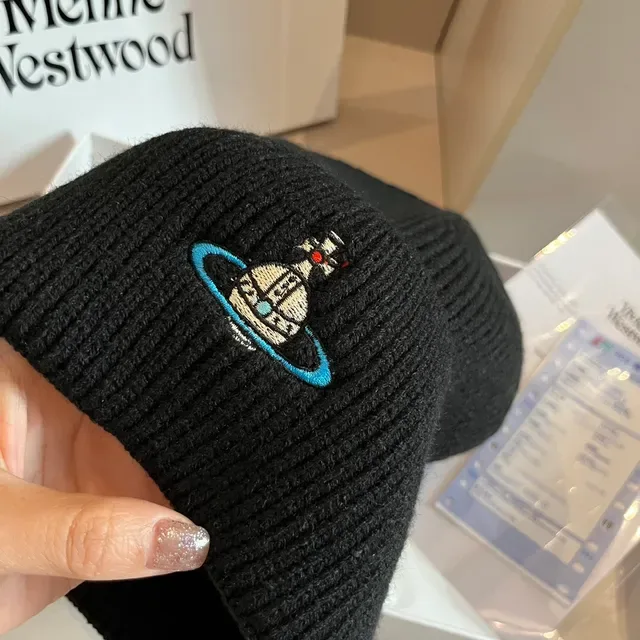 Vivienne Westwood Orb قبعة صوفية محبكة كم مطوي أسود أزرق 4