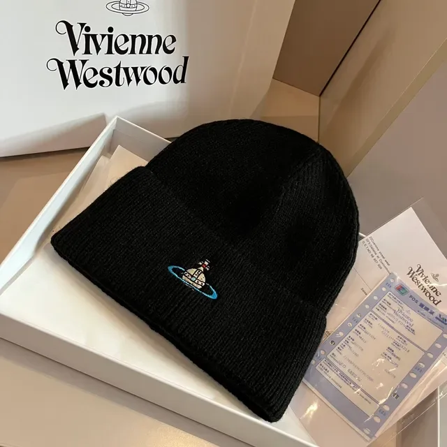 Vivienne Westwood Orb قبعة صوفية محبكة كم مطوي أسود أزرق 5