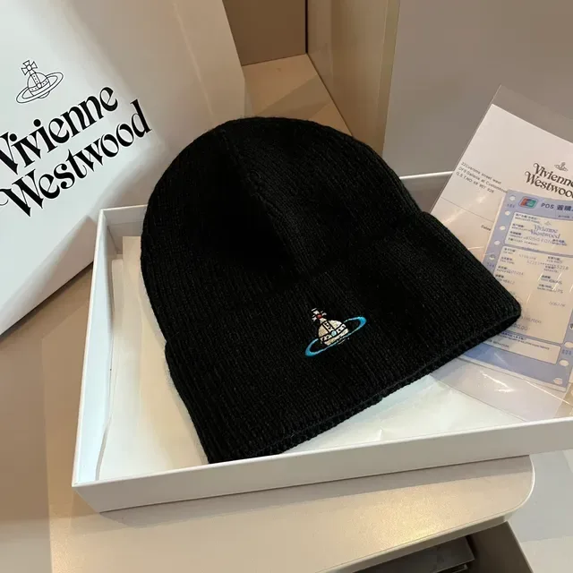 Vivienne Westwood Orb قبعة صوفية محبكة كم مطوي أسود أزرق 7