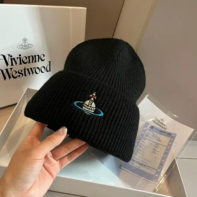 Vivienne Westwood Orb قبعة صوفية محبكة كم مطوي أسود أزرق 8
