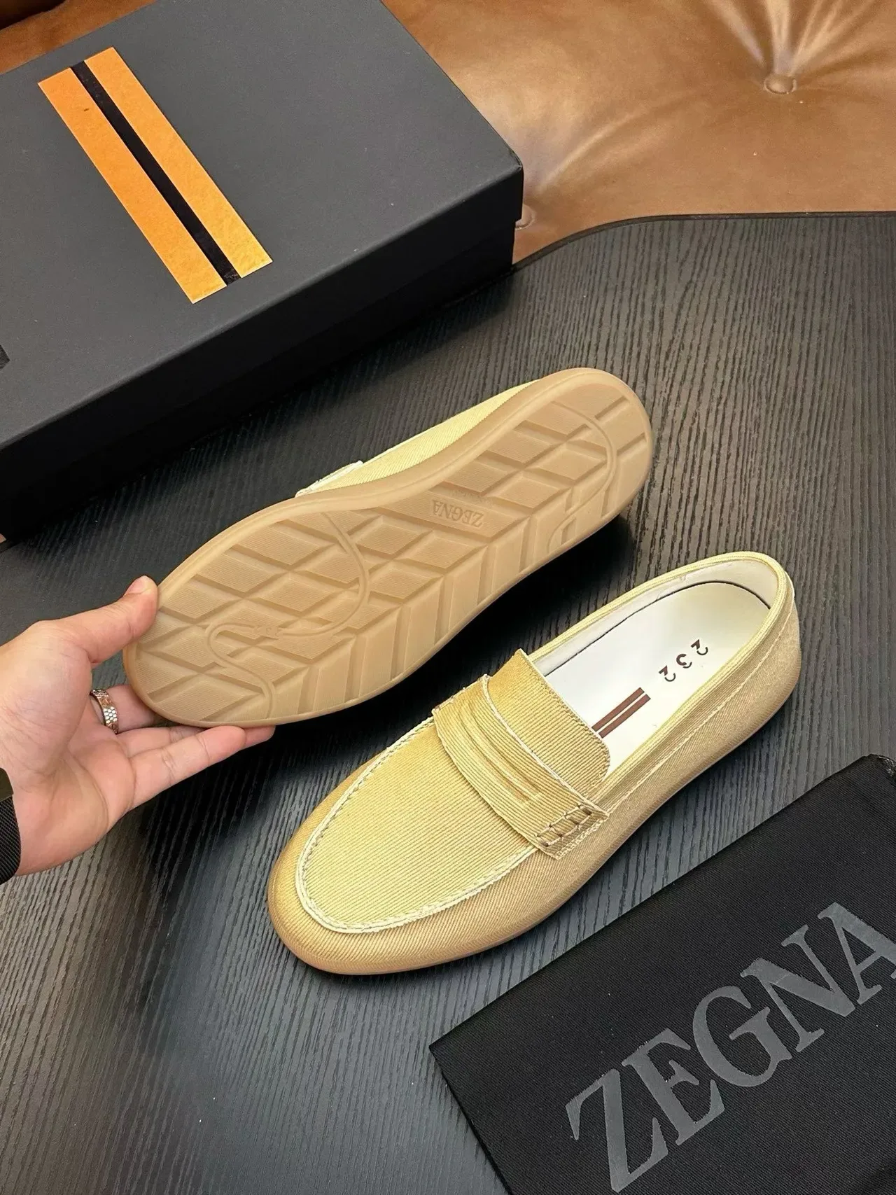 Zegna Beige Brown Canvas Upper Penny Strap Loafer 2