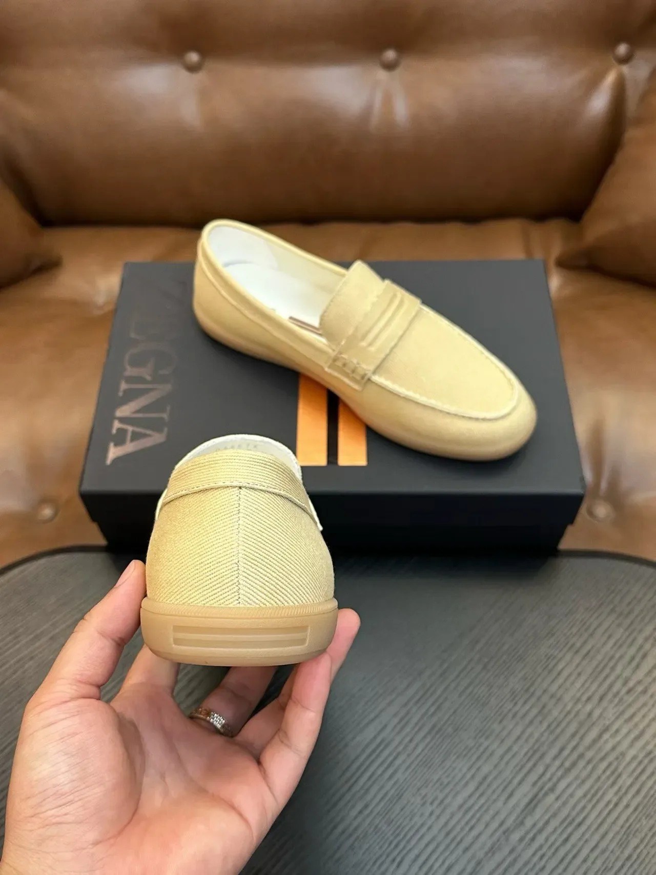 Zegna Beige Brown Canvas Upper Penny Strap Loafer 3