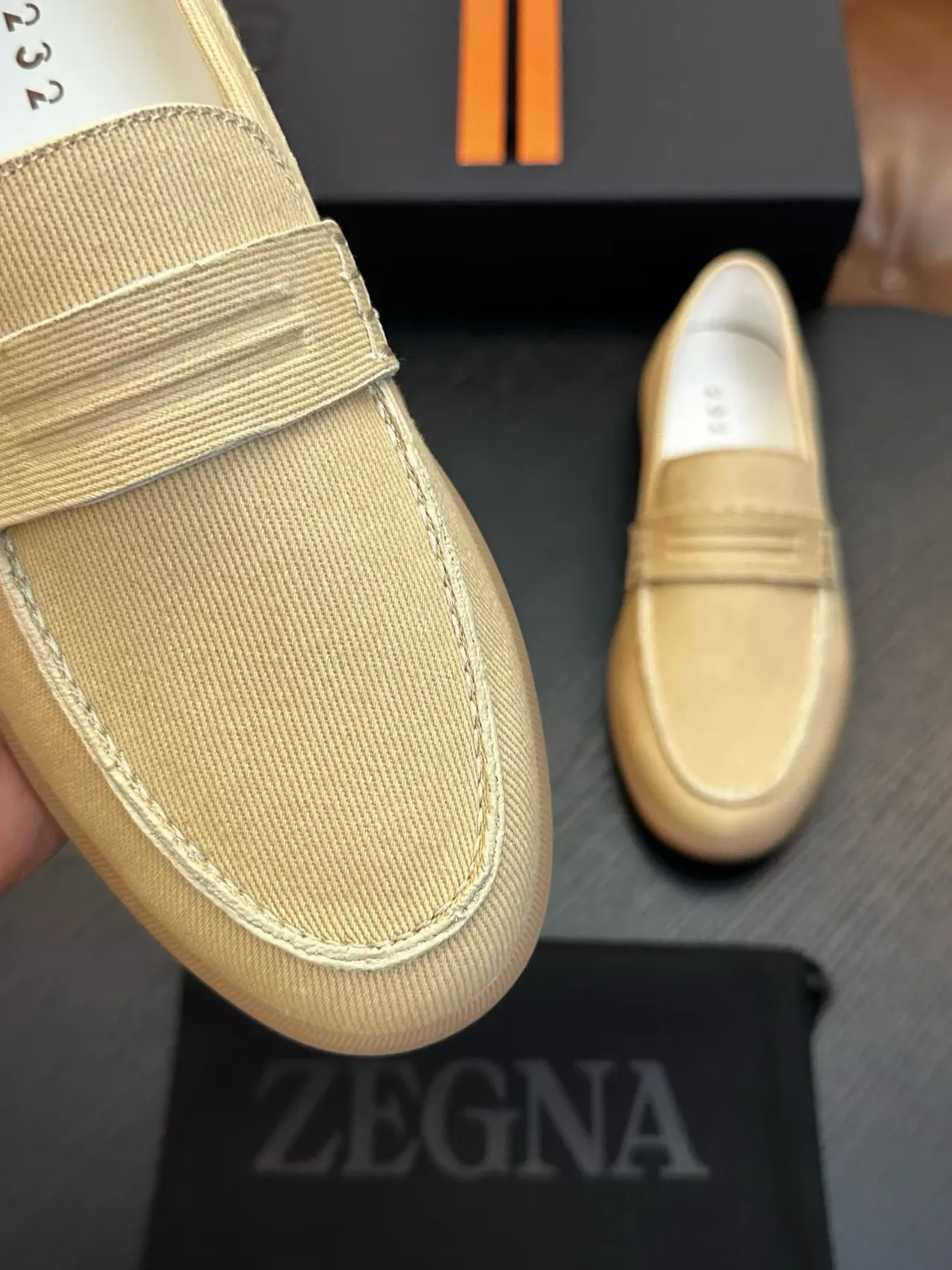 Zegna Beige Brown Canvas Upper Penny Strap Loafer 4