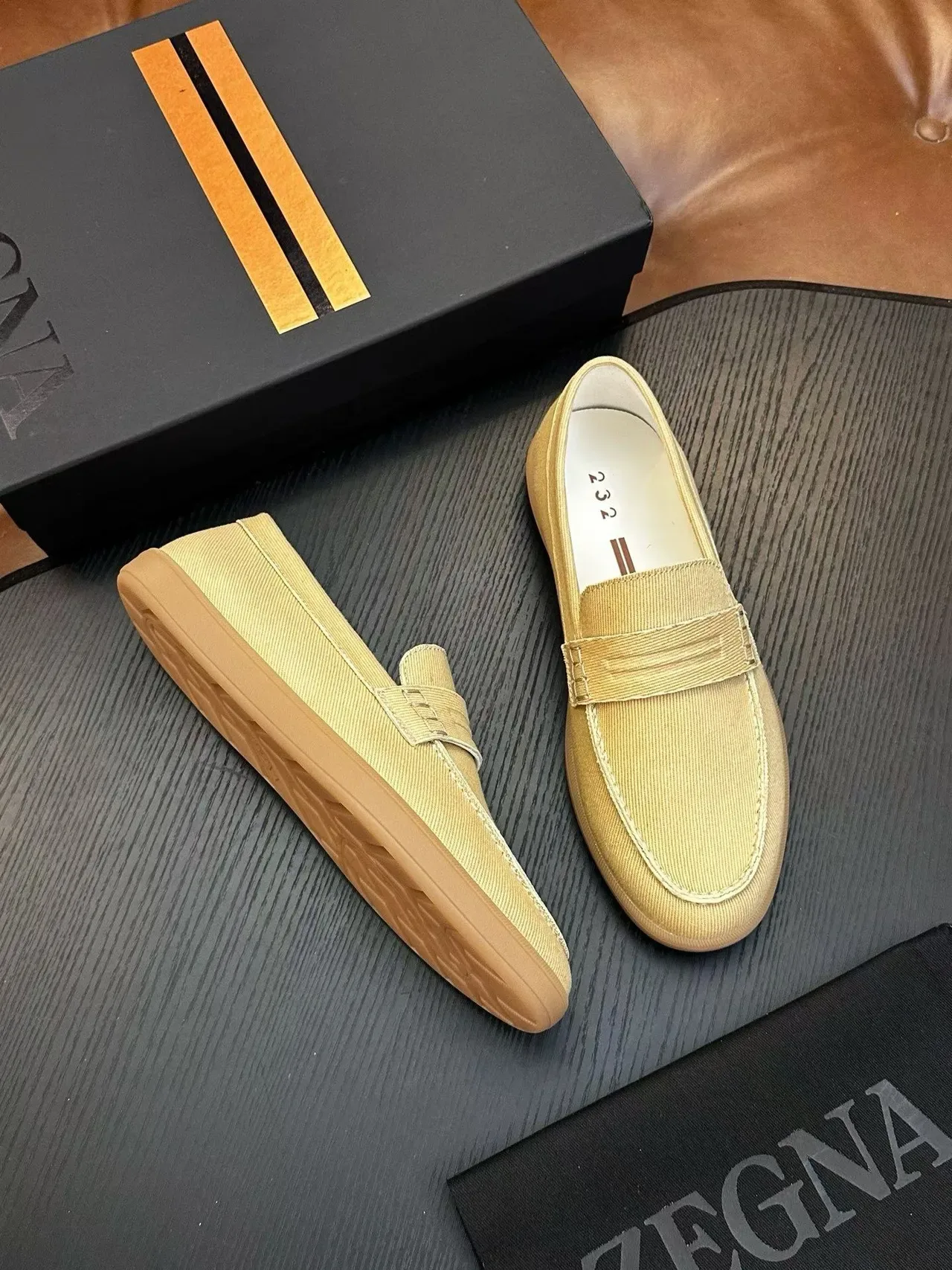 Zegna Beige Brown Canvas Upper Penny Strap Loafer 5