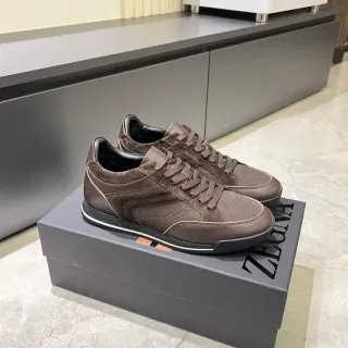 Zegna भूरी चमड़े की और जाली लाइफस्टाइल स्नीकर